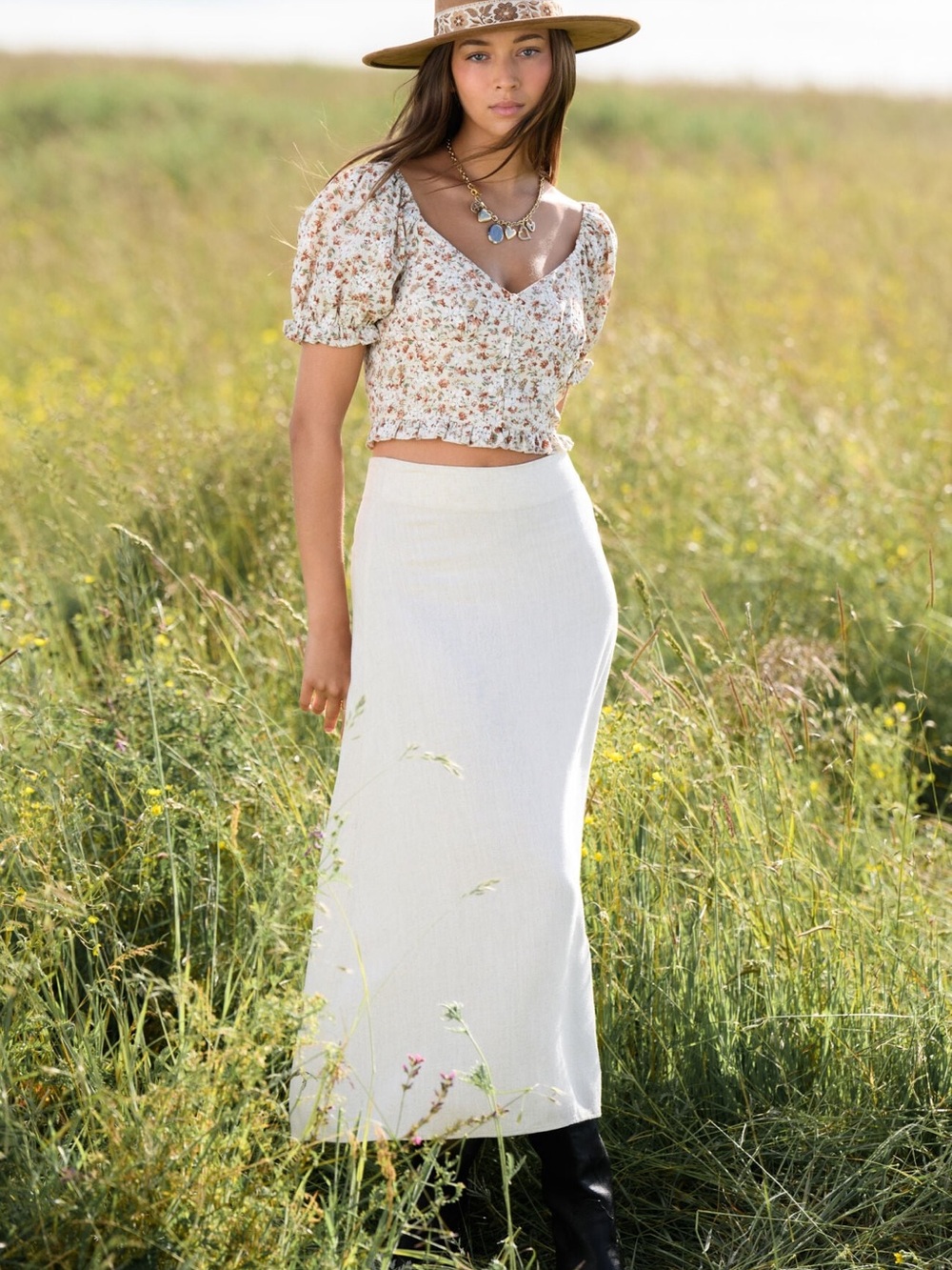 Anthropologie ✨ Alter’d State Linen Blend Cream A-line Maxi Skirt